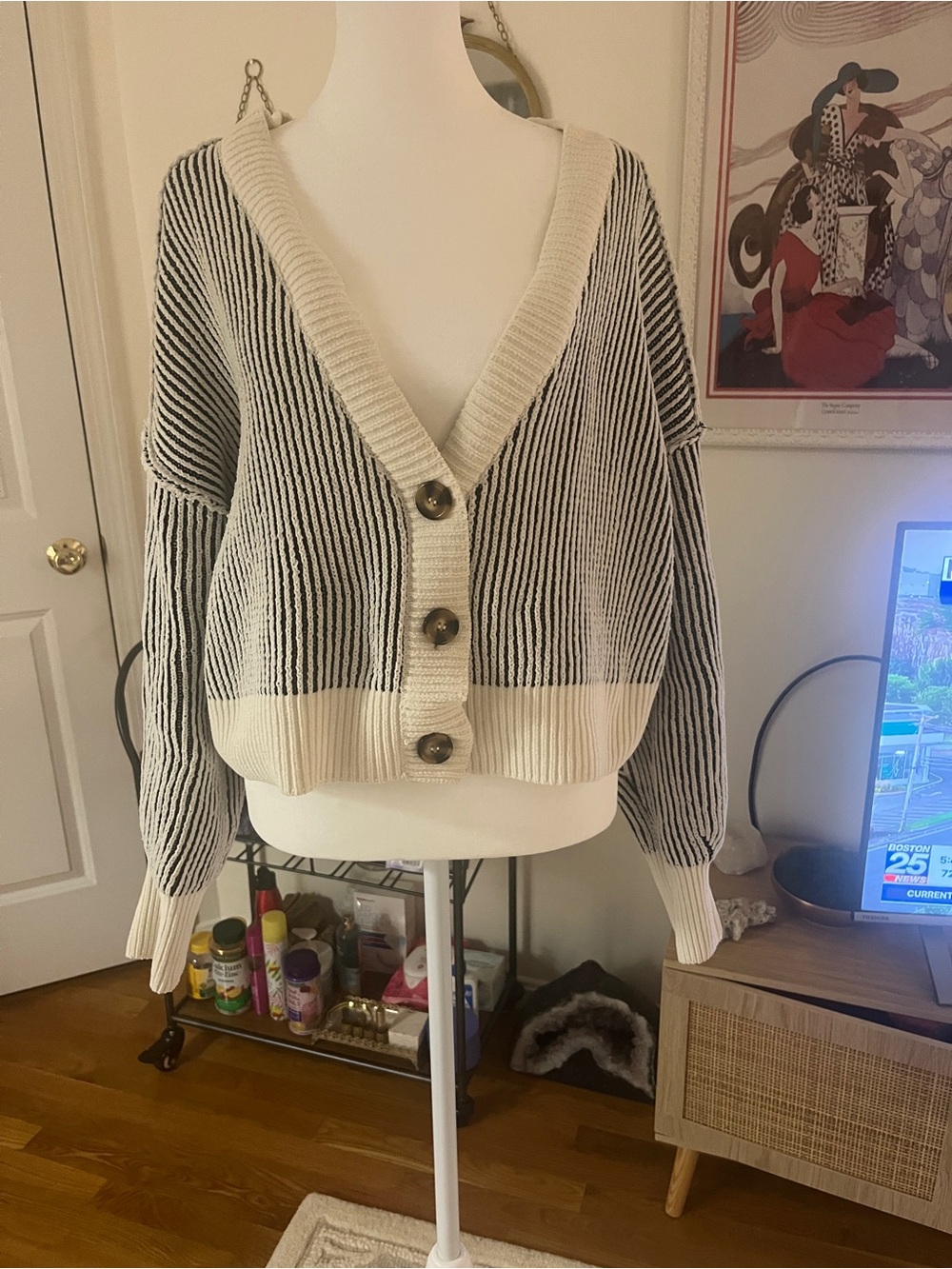 Altar'd State Cream & Black Striped V-Neck Button Cardigan